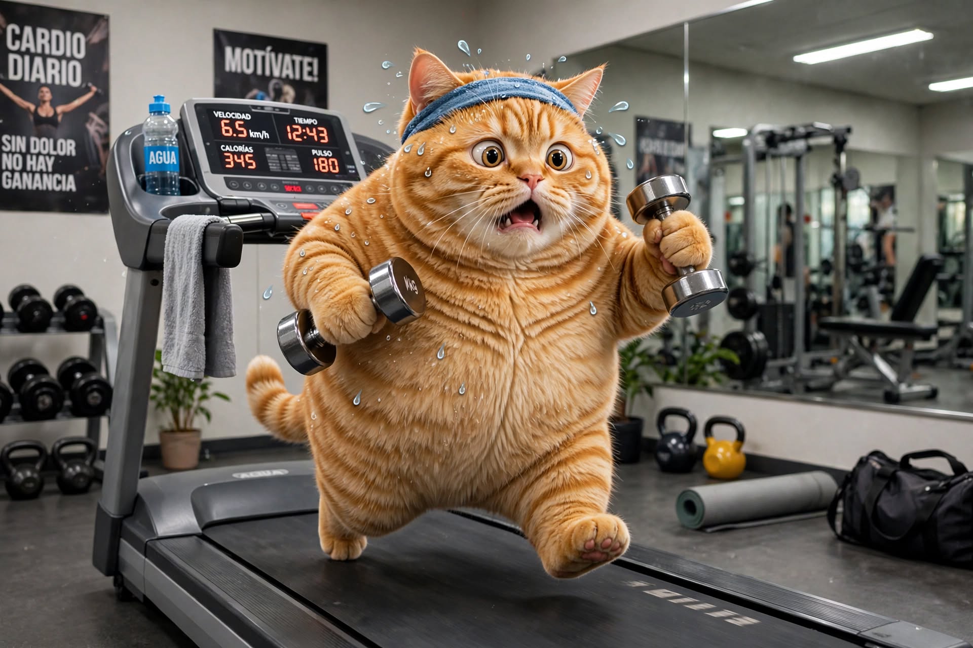 Gato entrenando con mancuernas en el gimnasio